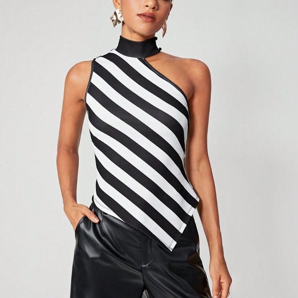 Black Preppy Womens Striped Print Asymmetrical Neck Hanky Hem Tank Top - Picture 4 of 5